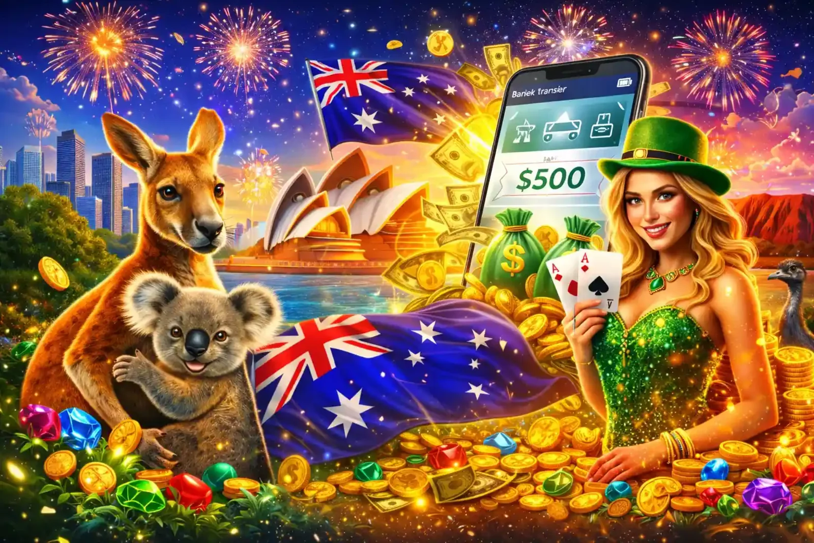 Australian online casino with 500 dollar instant bank transfer withdrawal featuring iconic landmarks and wildlife