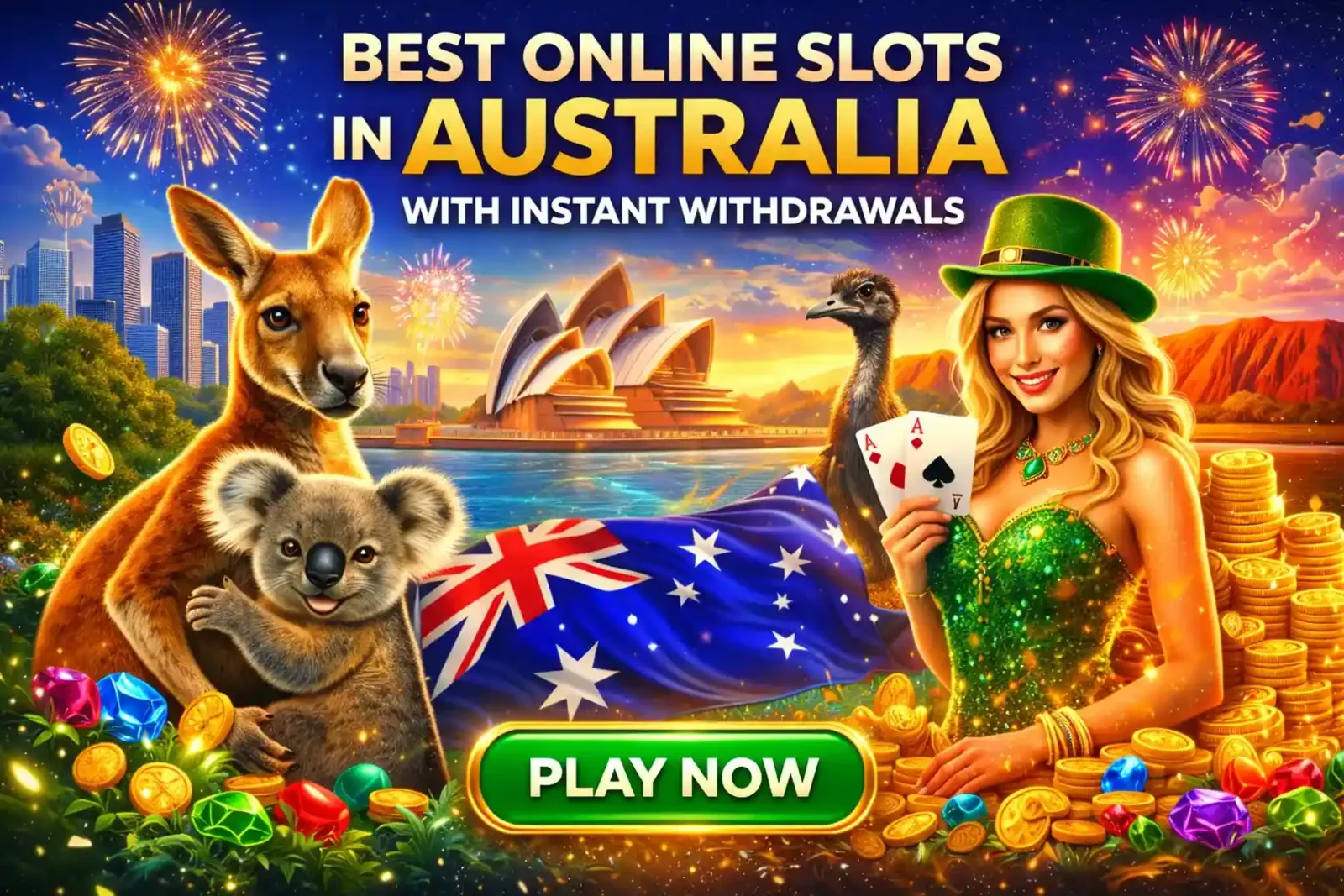 Top Australian online slots with instant withdrawals featuring kangaroo, koala, Sydney Opera House and fireworks
