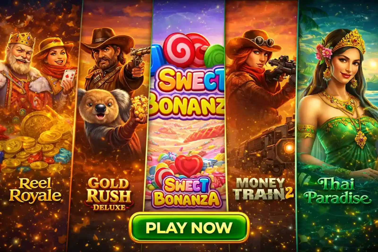Featured slot games including Reel Royale, Gold Rush Deluxe, Sweet Bonanza, Money Train 2 and Thai Paradise