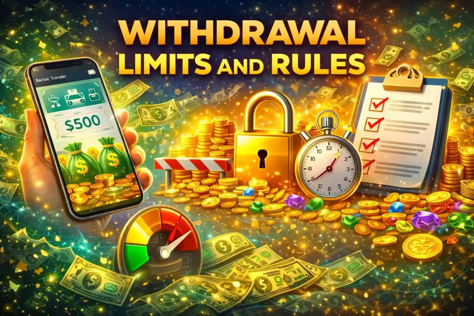 Casino withdrawal limits and rules information with mobile banking, security lock and timer